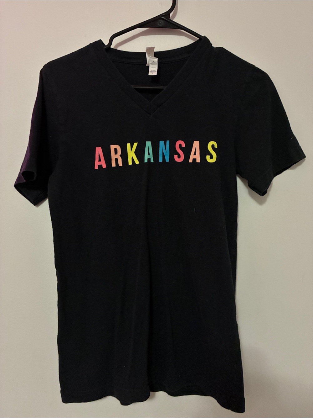 Bella Canvas Black V-Neck Tee with Multicolor Arkansas Lettering